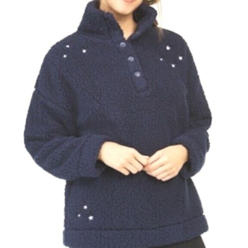 Jenni Womens Size Medium Faux Sherpa Cozy Fleece Pullover Navy Blue Silver Stars